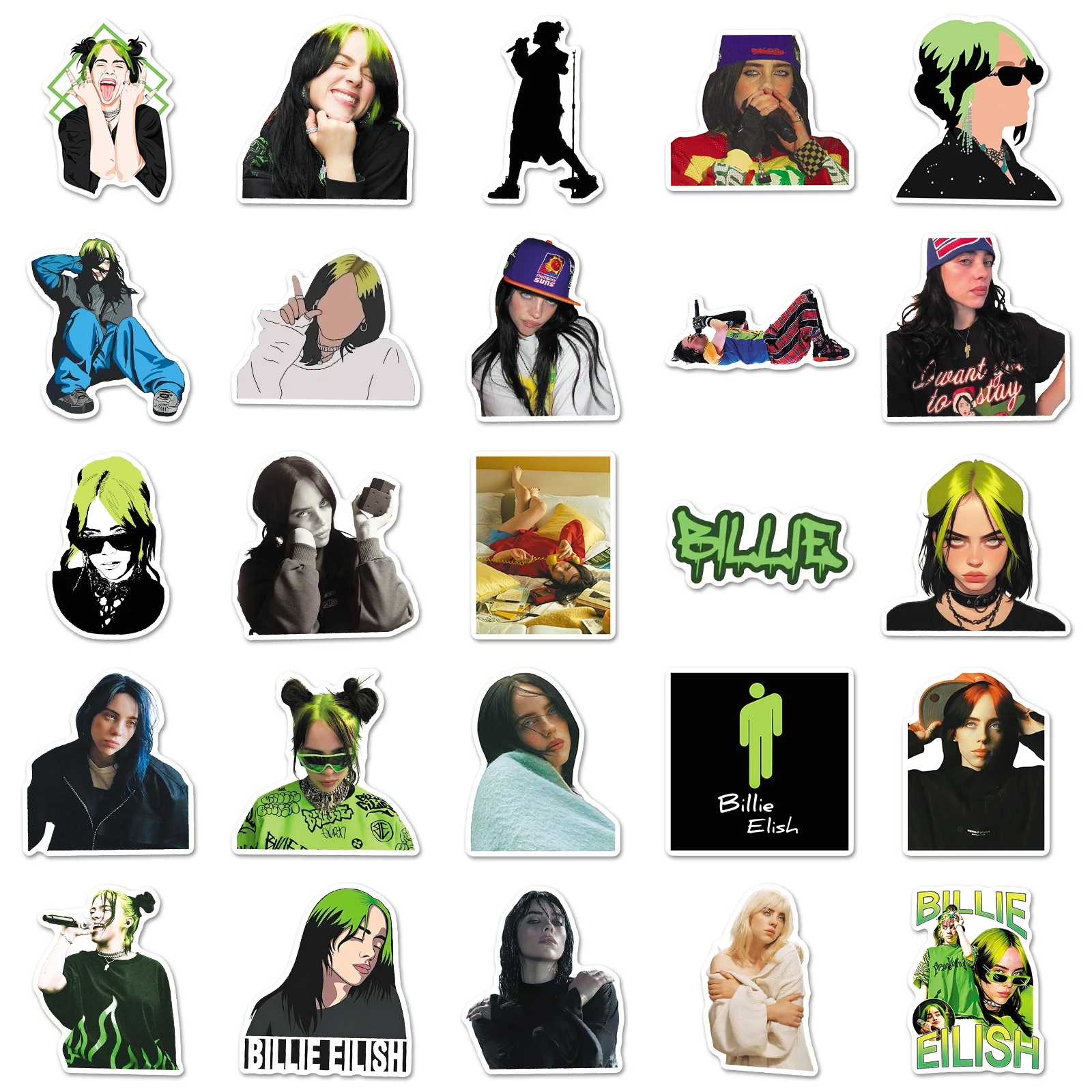 50Pcs Cute Cartoon Billie Eilish Waterproof Sticker Skateboarding Retro Home Decal Sticker