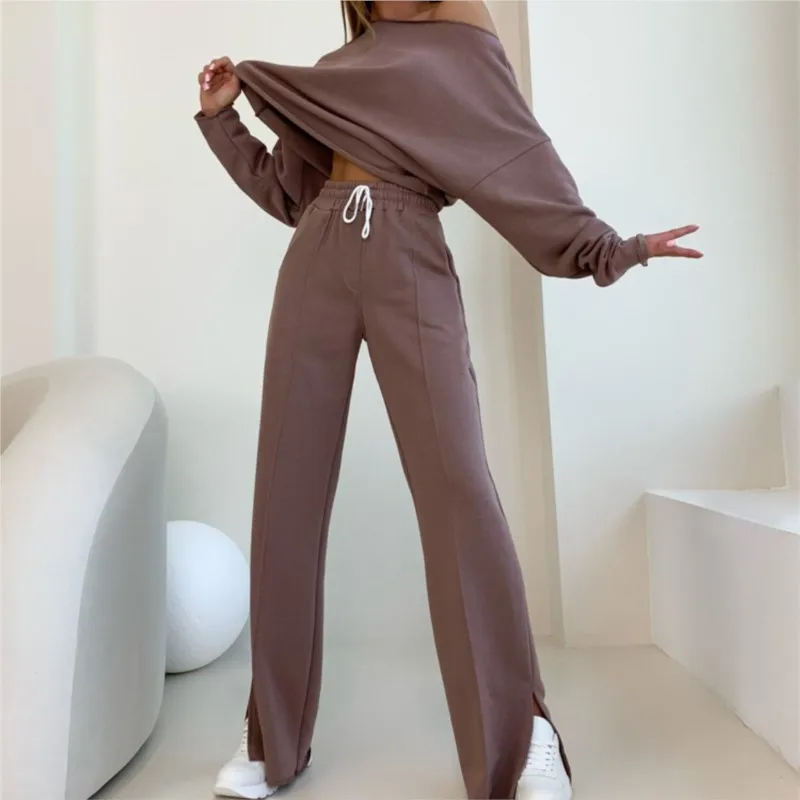 2025 Mode Straatsport Dames Herfstset Casual Effen Kleur Lange mouwen Losse top Hoge taille Wijde pijpen Broek Tweedelige set