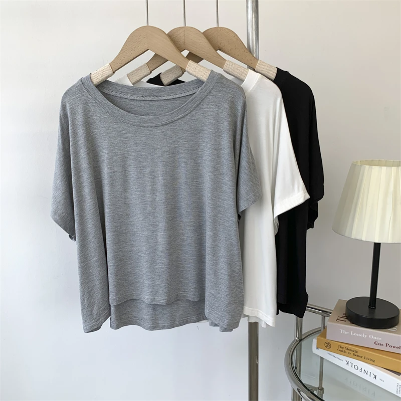 Modalny okrągły dekolt Ne ort Sve Top Damski Cienki Letni Top z Wysokim Stanem Casualowy Luźny Krój Mieszanka Bawełny Podstawowy Kolor
