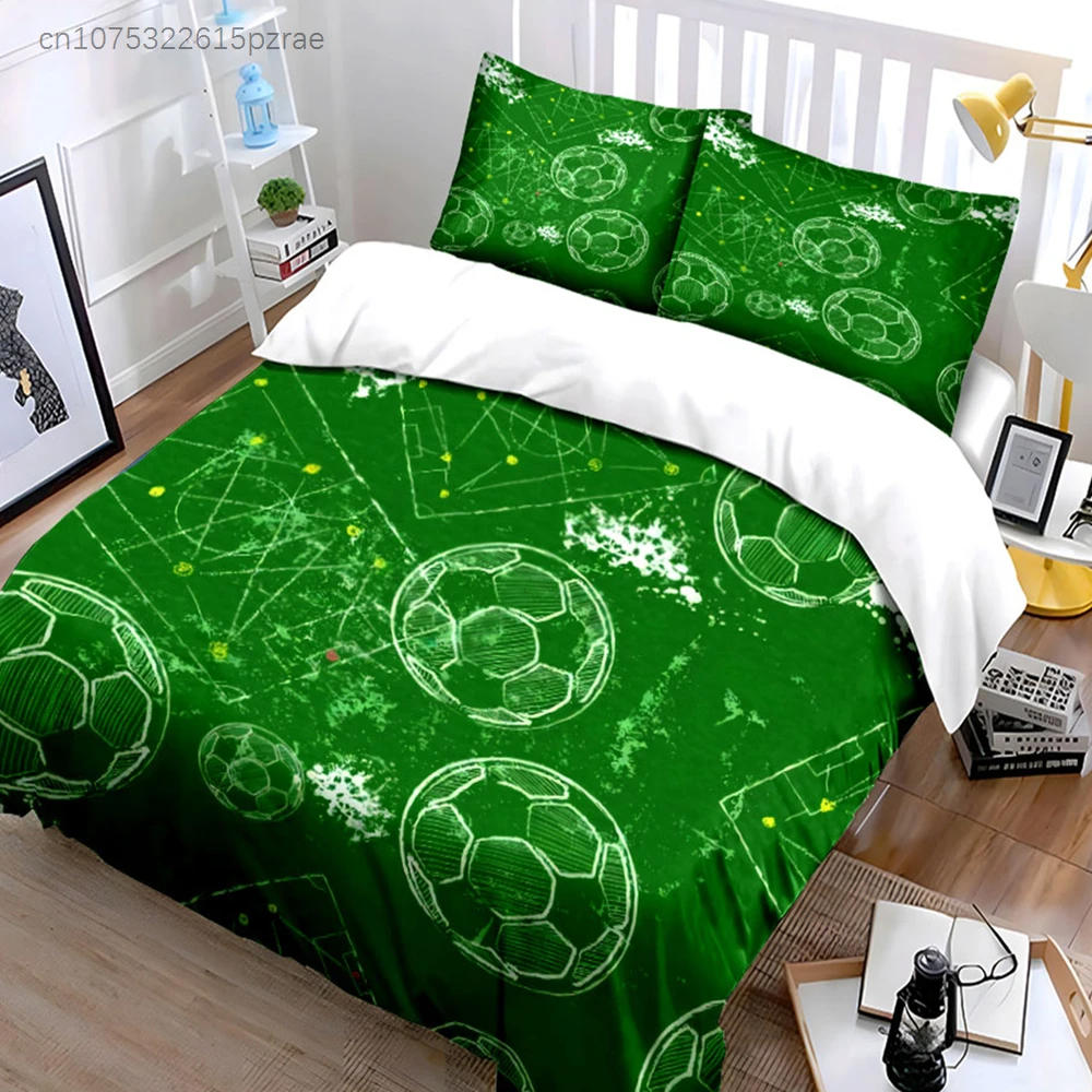 Funny Soccer Field And Ball 3PCS Bedding Set Soft Microfiber Bedding Set For Football Fans Bedroom