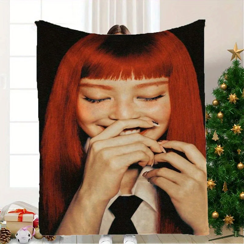 Red-Haired Character with Crossed Hands Digital Print Flannel Throw Blanket – Soft Polyester, All-Season Comfort, Ideal for Couc
