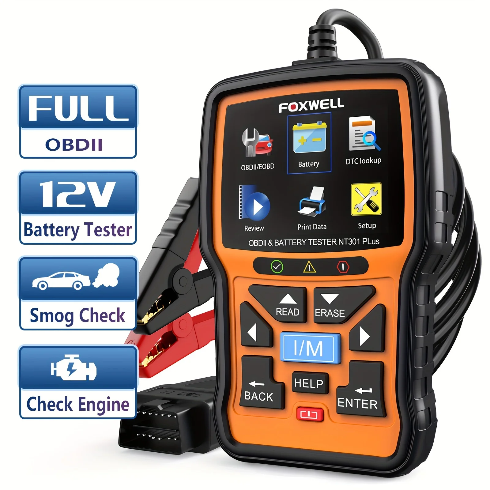 FOXWELL NT301 Plus OBD2 Scanner Battery Tester 12V, 4 IN1 OBD Scanner Diagnostic Tool 100-2000 CCA Battery Cold Cranking Chargin