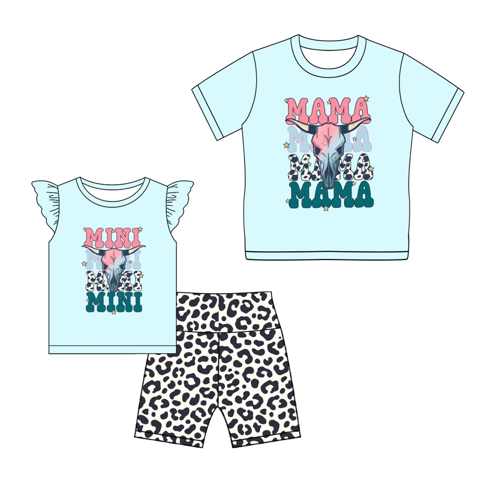 

Boutqiue Baby Girls Aqua Flutter Sleeves Mini Bull Skull Top Leopard Short Set MAMA Top Wholeasle