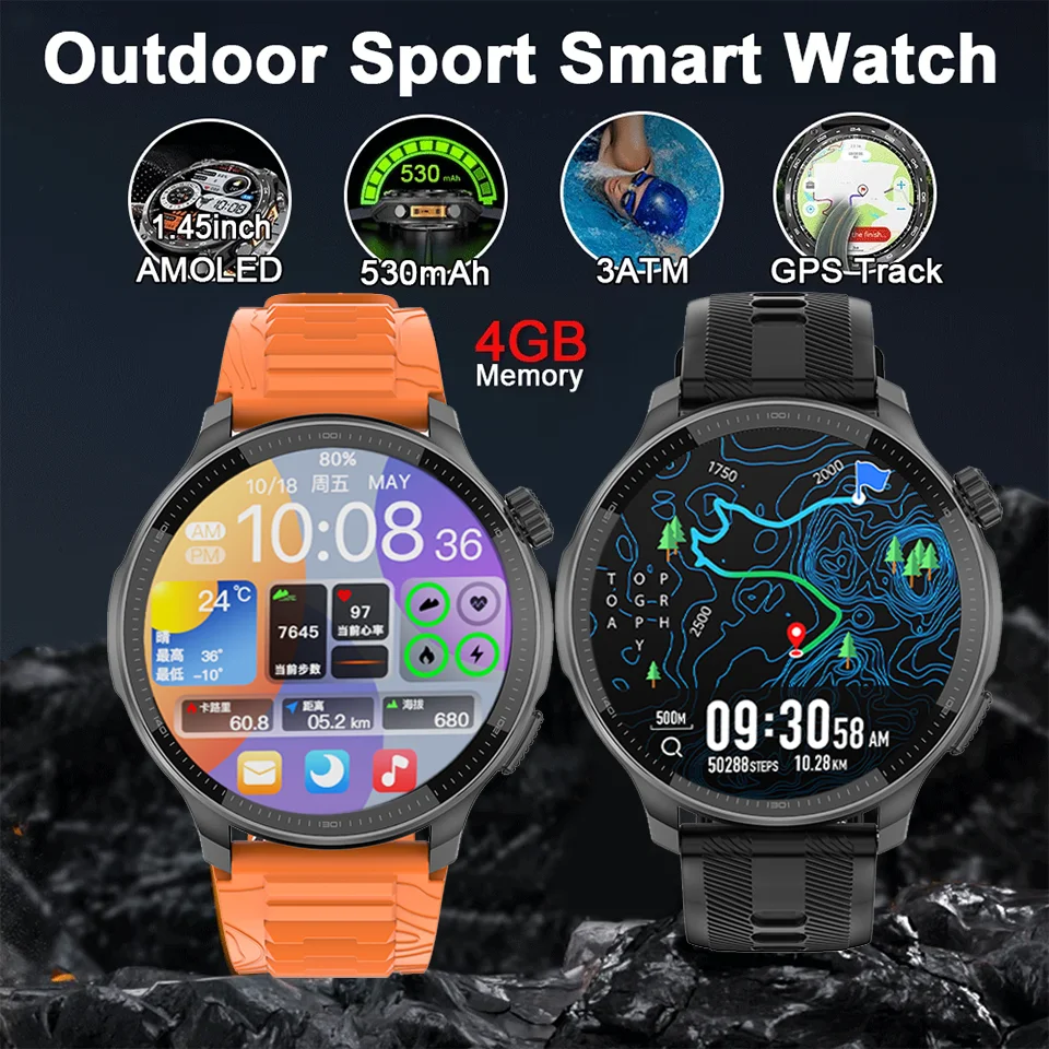 جديد 2025 نظام تحديد المواقع SmartWatch غير متصل الخرائط 4 جيجابايت ذاكرة مشغل فيديو الرياضة العسكرية سوار ذكي الرجال 50 متر السباحة مقاوم للماء الياقوت