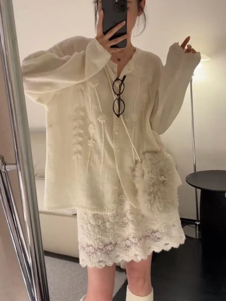 

Уникальный весенний модный вязаный кружевной комплект для женщин: свободный крой, высокая талия, цветочный узор, V-образный вырез, длинный рукав, милый зимний стиль