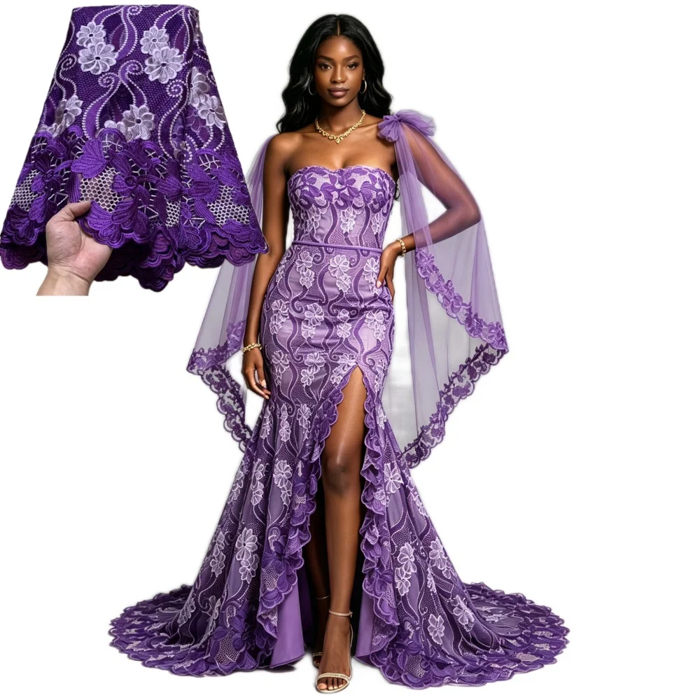 

2026 High-Quality African Nigerian Sequins Cotton Embroidery Lace Fabric Tulle for Luxury Wedding Party Dresses Chiffon 5Yards