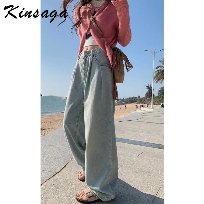 Women's Light-colored Wide-leg Jeans Pleated Loose Straight Leg Drop Floor Pants Baggy Jeans Women