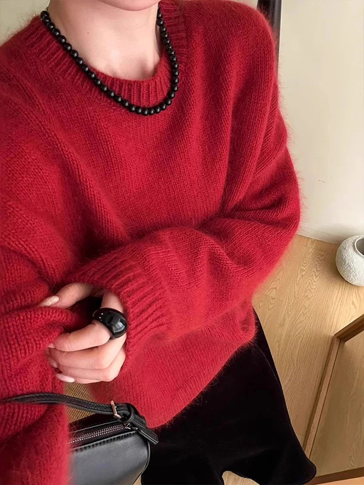 

Корейский вязаный свитер Sle Thi Long Sve для женщин, осенне-зимний, с широким круглым вырезом, пушистый, теплый, для ношения под одеждой, модный