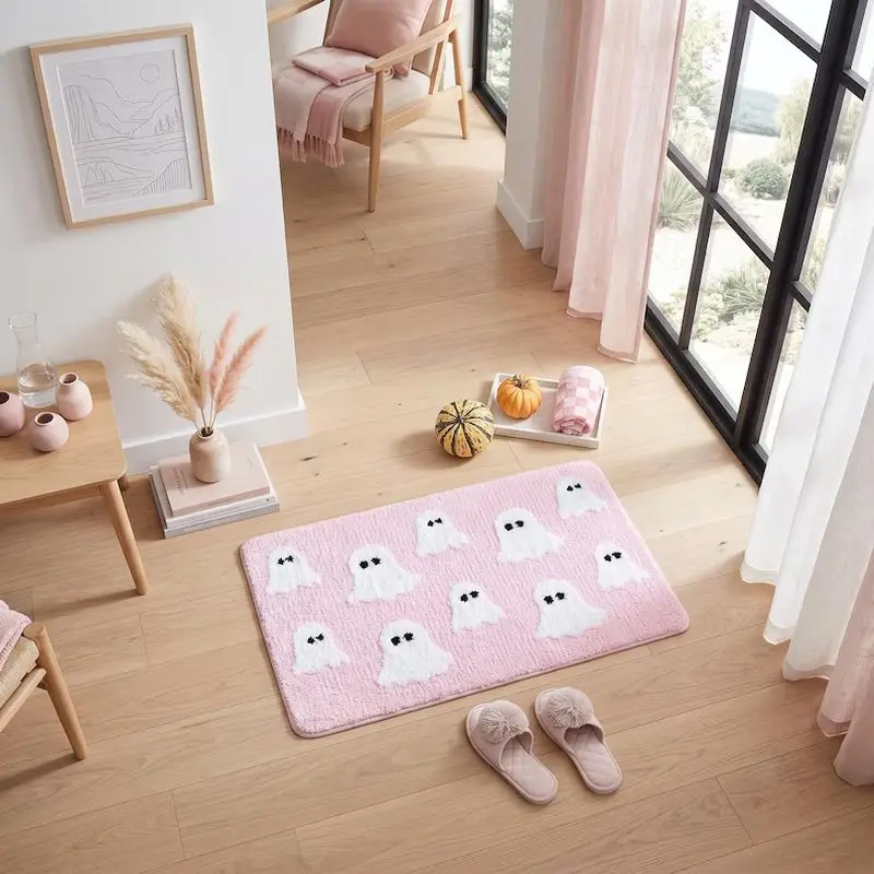 VIKAMA Cute White Ghost Pink Bath Mat Water Absorbent Non Slip Washable Bathroom Halloween Fall Season Decor Floor Rug