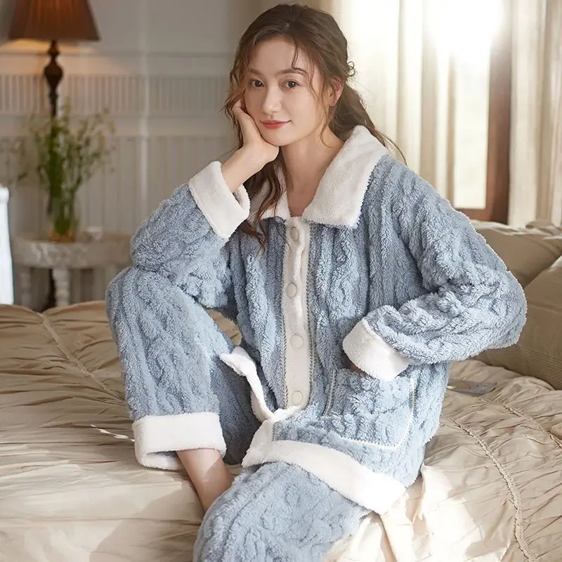 

Осенне-зимняя Пижама, Женский утепленный Теплый Бархатный Костюм кораллового цвета для студенток, домашняя одежда, кардиган с длинными рукавами, Пижамные брюки