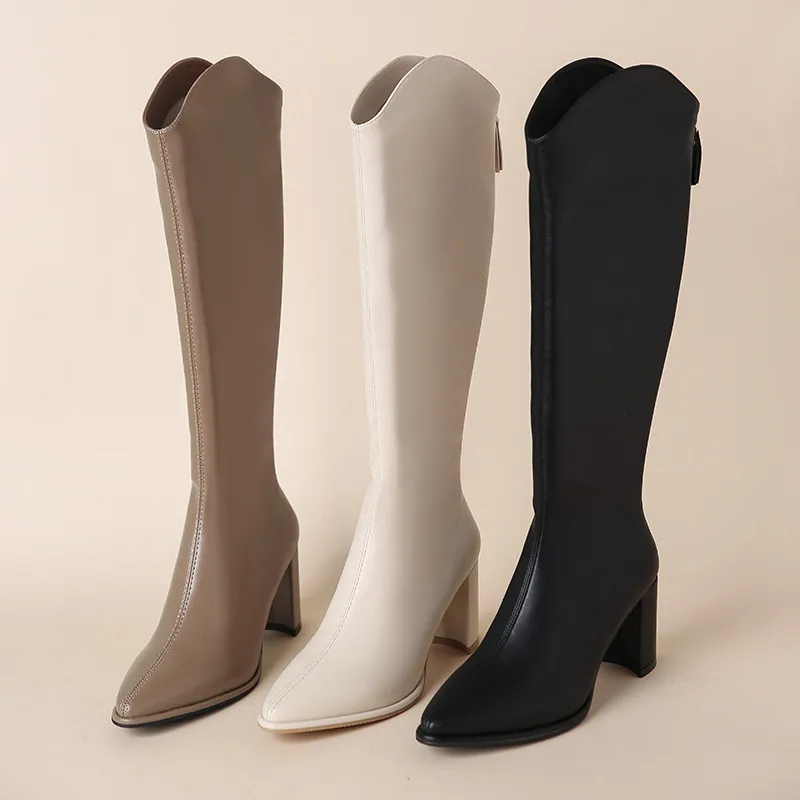 

Fashion Plus Size 34-43 New Women Boots Zipper Thick High Heels Simple Thick High Heels Autumn Winter Boots Knee High Botas 2023