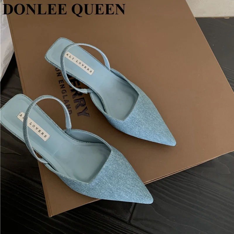 Fashion Brand Slingback Sandals Women Med Heels Pumps Elegant Pointed Toe Female Mules Dress Slides Sandalias Mujer Verano Mujer