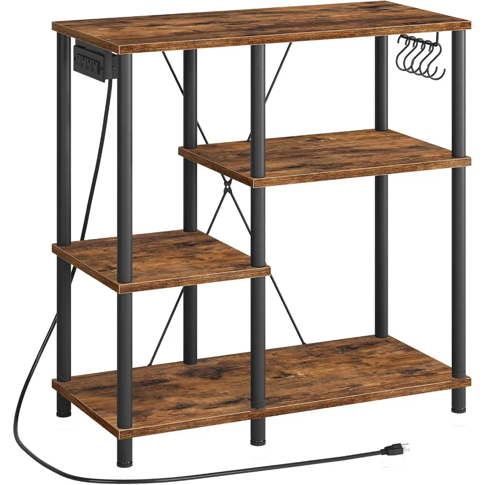 

Bakers Rack with Power Outlet, Microwave Stand with 5 S-Shaped Hooks, Coffee Bar, Kitchen Storage Shelf, for Kitchen, Living Ro