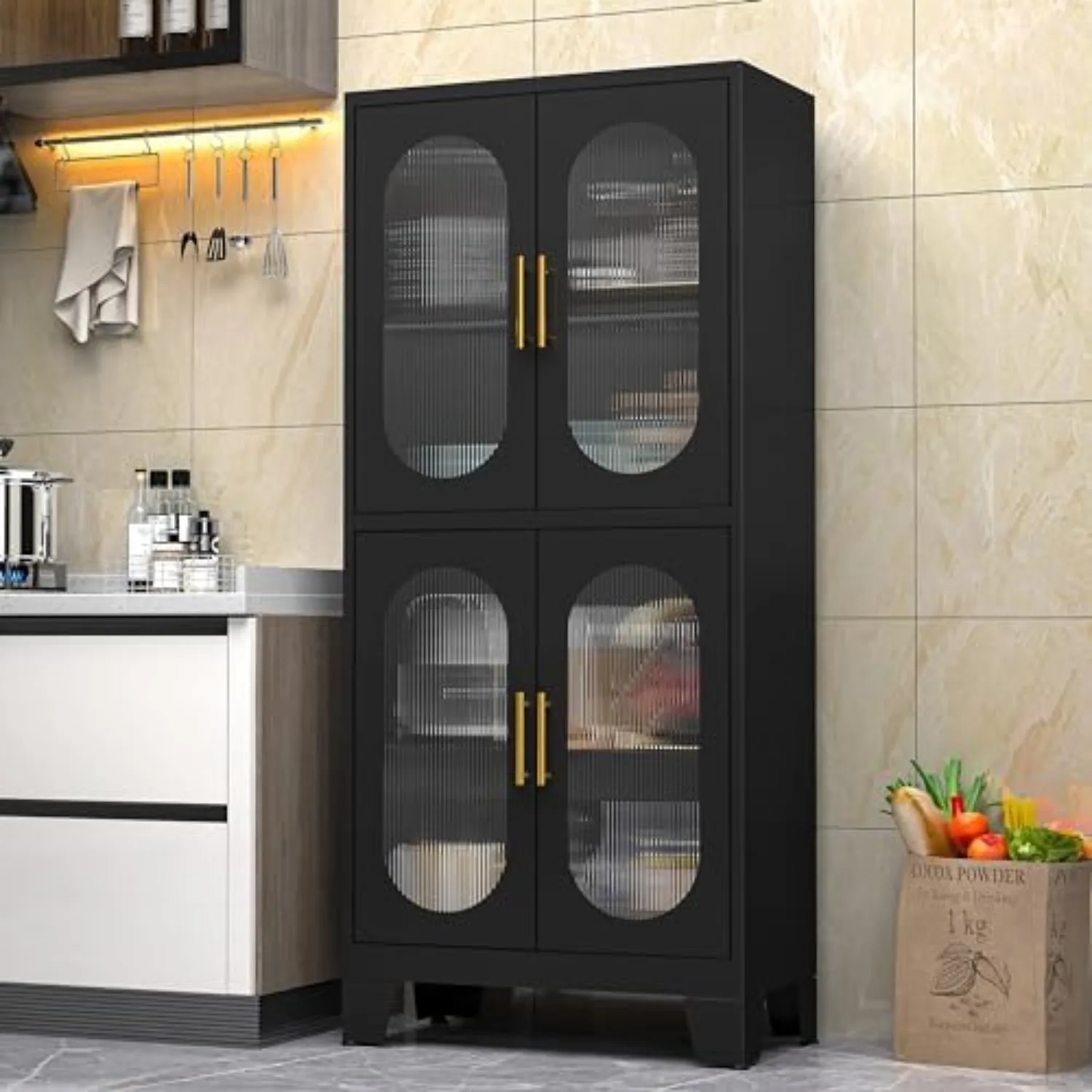 Armario de Almacenamiento para Despensa Negro de 61 Pulgadas, Armario de Cocina con Puertas y Estantes de Vidrio Acrílico, con Nivelación Ajustable