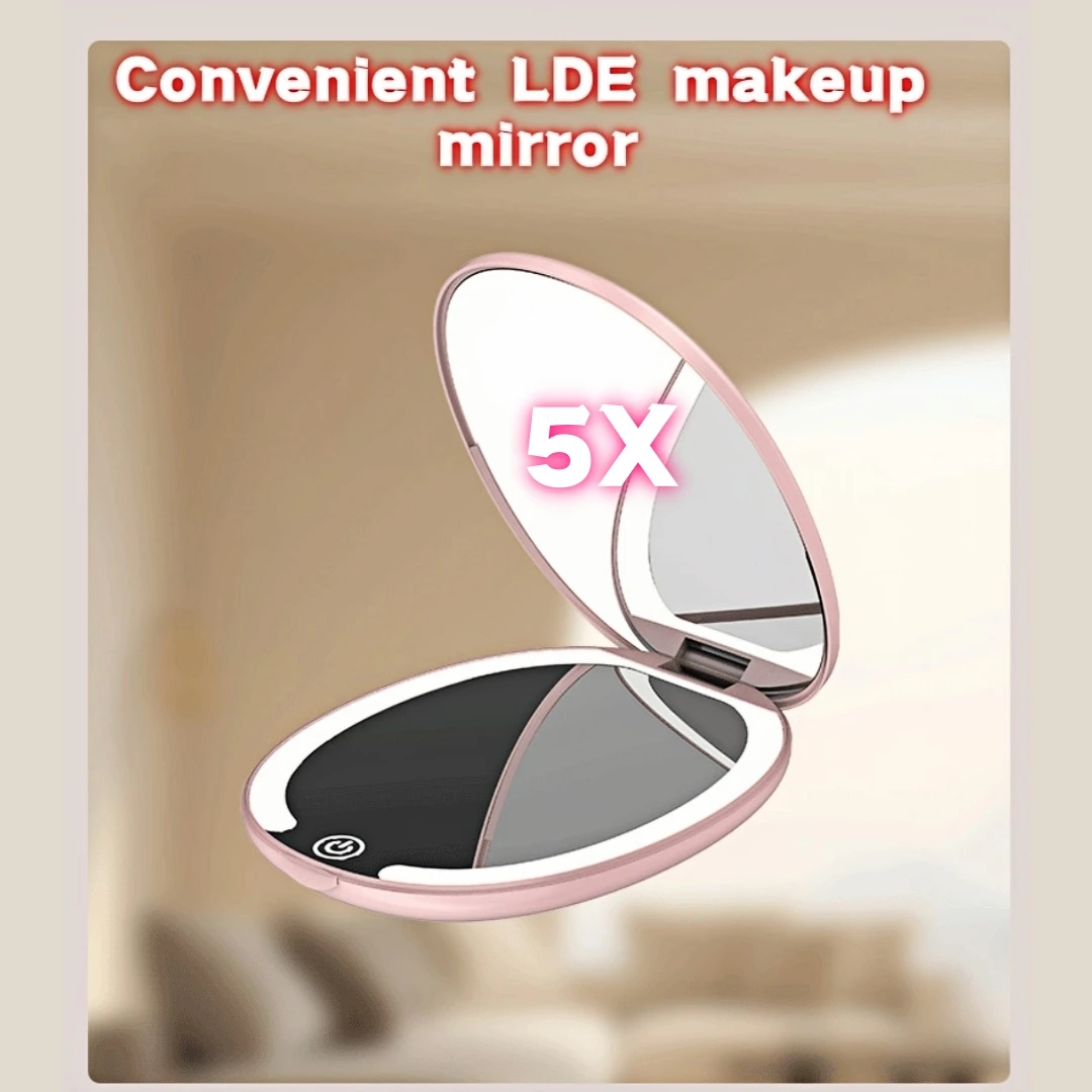 Portable Makeup Mirror LED Lighting Compact Travel Makeup Mirror with Light, 1x/5x Magnification, 3.9-inch Double-Sided Mirror