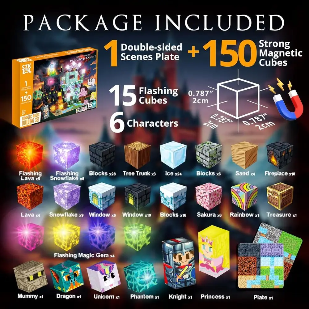 مكعبات بناء مغناطيسية مكونة من 150 قطعة مع أضواء، موضوع الأميرة والفارس، ألعاب جذعية للأطفال من سن 3 سنوات فما فوق