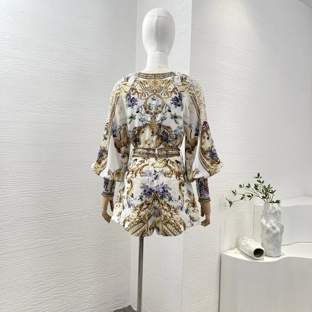 Silk 2024 New Gold Long Sleeve Floral Print Diamonds V-neck Blouse and Self Tie Belt of Shorts Women Set