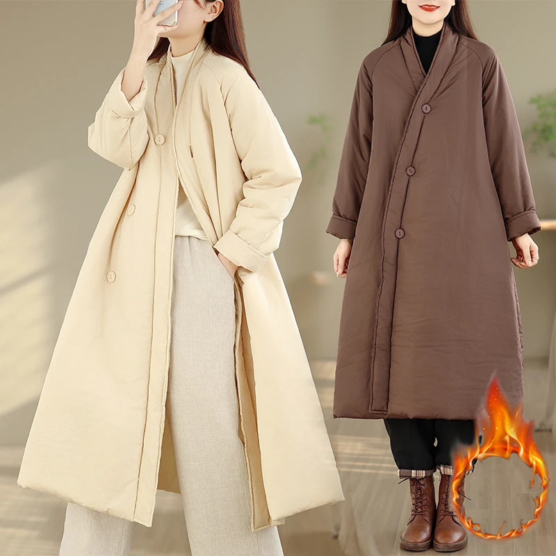 

Warm Cotton Jacket Women's Ethnic Style Thickened Winter Coat Sweet Loose Fit Long Sleeve Mid-Length Pure Color Cotton Padded