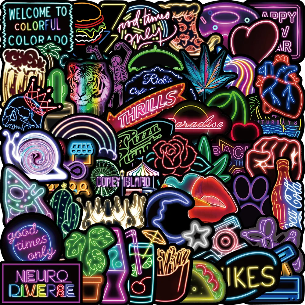 50/100PCS Cartoon Neon Light Graffiti Stickers Laptop Luggage Motorcycle Phone Cool Waterproof Decals Toy Sticker For Kids