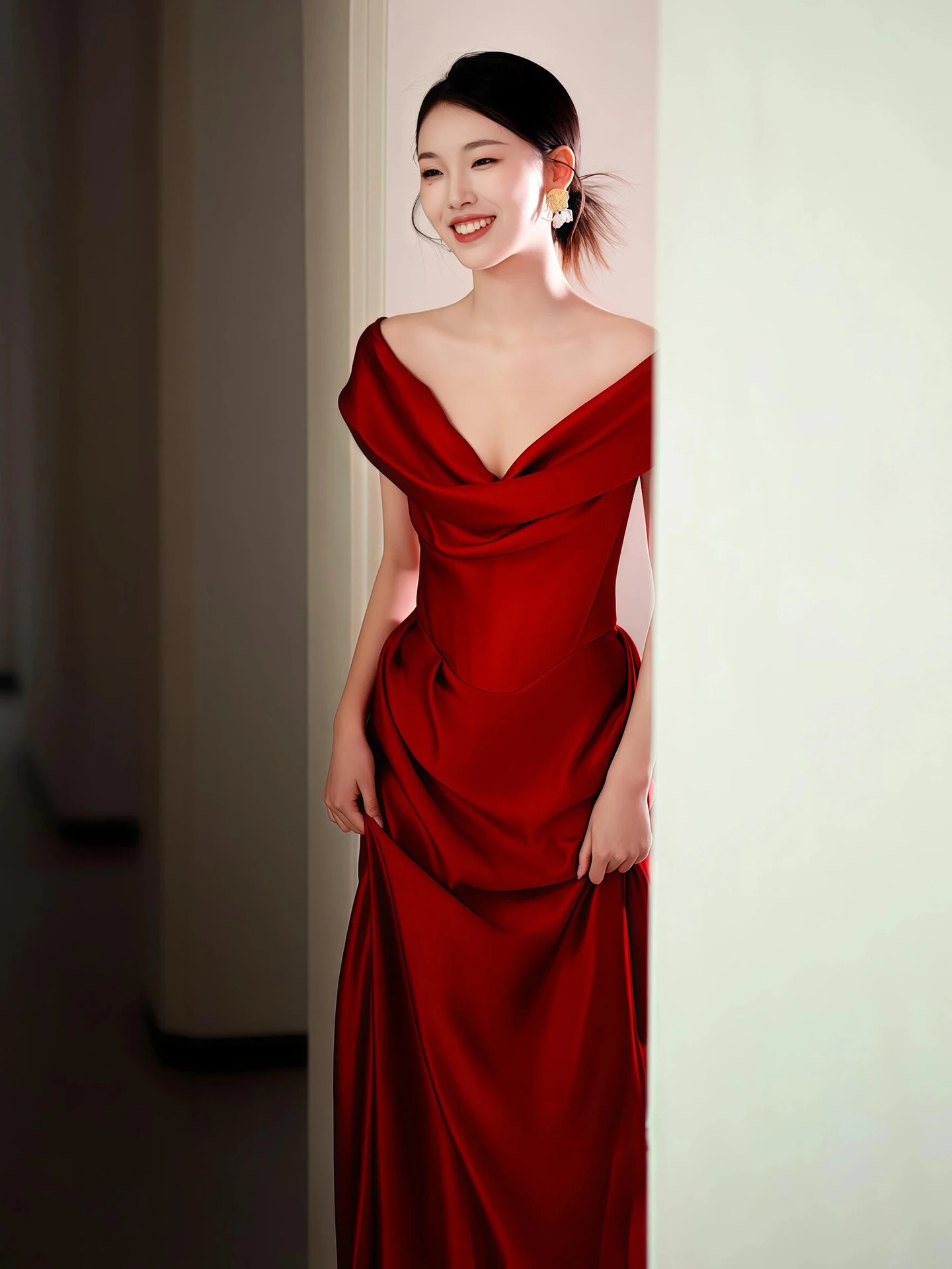 

Elegant Red Satin Wedding Dress One Shoulder Gown for Bridal Parties And Banquets Fashionable mid Waist Tailored for Young Women