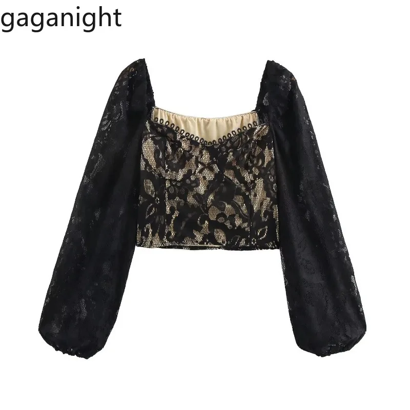 

Gaganight Blouse Women Long Sleeve Lace Patchwork Square Collar French Style Chic Crop Tops Sexy Elegant Shirts Ladies Casual