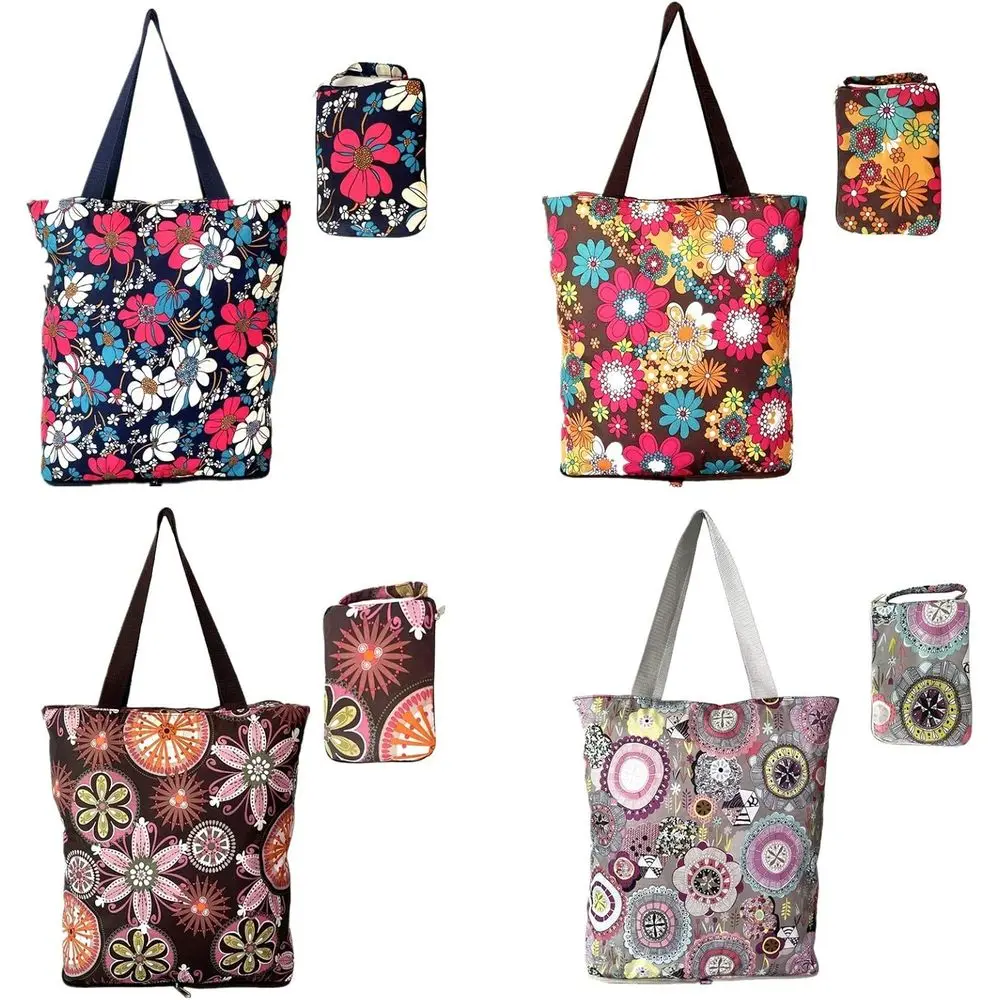 

Foldable Floral Grocery Bags - 4 Pack, Zippered, Lightweight, Durable for Shopping, Holds 50lbs