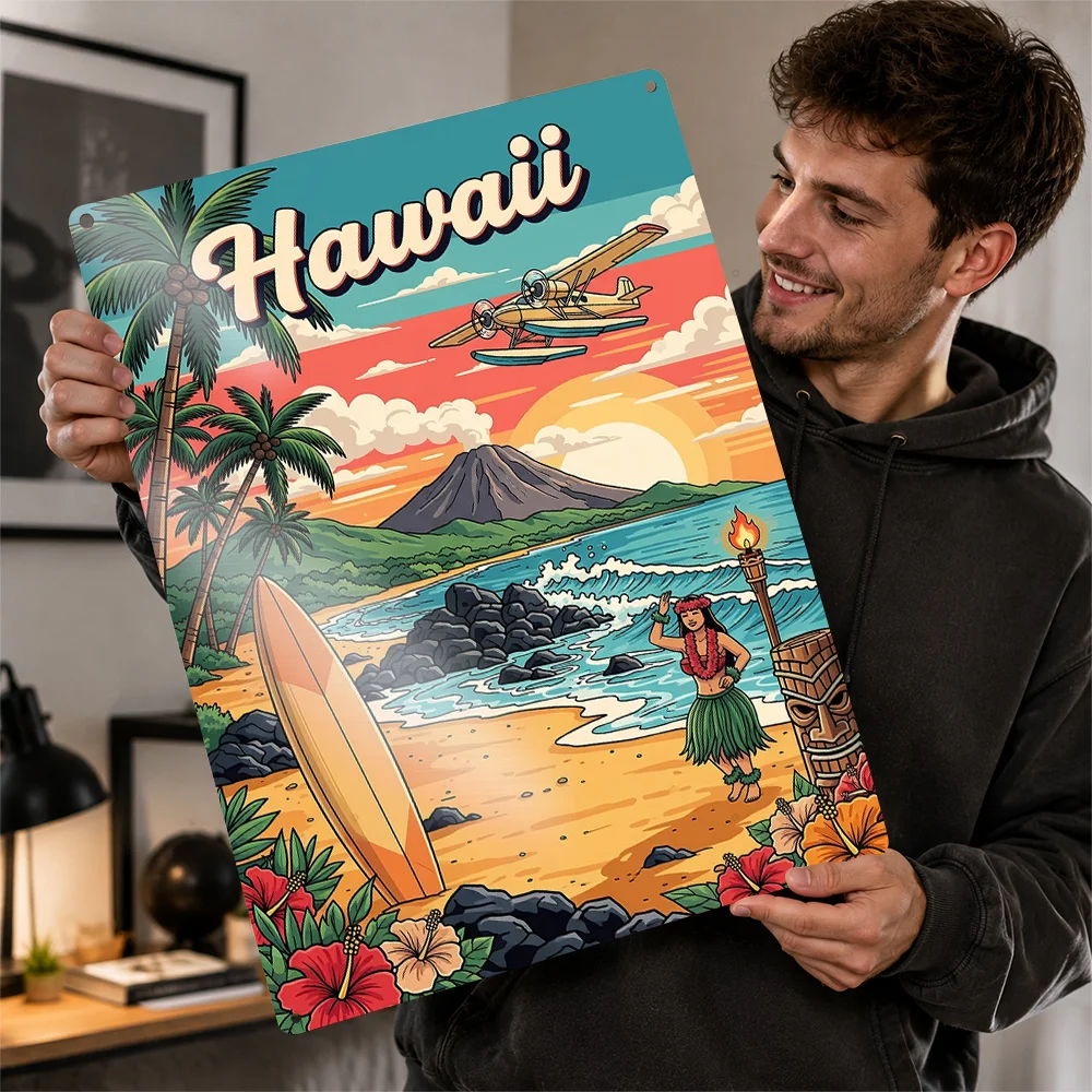 Hawaii Travel Textured Poster Customized Metal Tin Sign Vintage Coastal Vista Style Wall Art Designed For Entryway And Bedroom