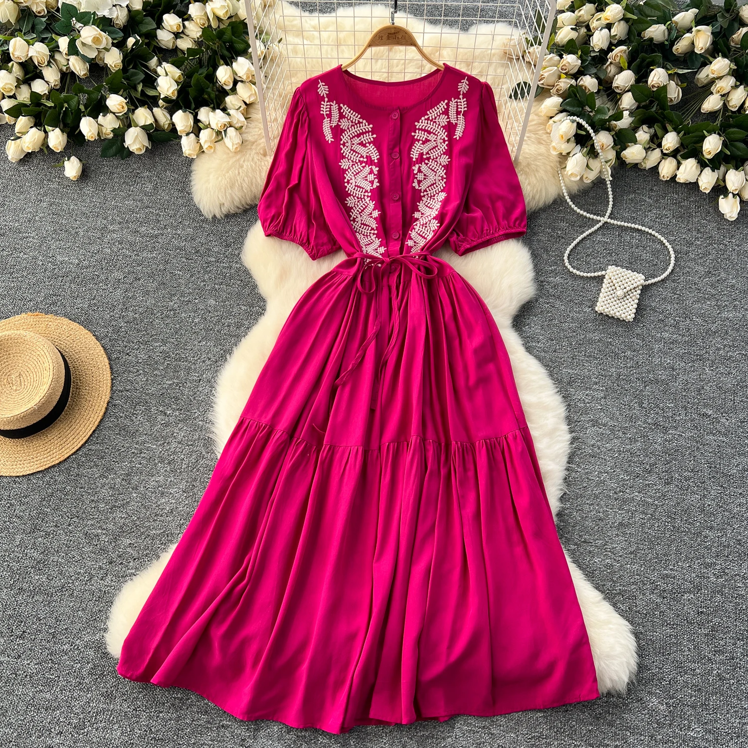 French Elegant vintage loose o neck puff Sleeve embroidery dress women's summer waist sweet Casual dresses