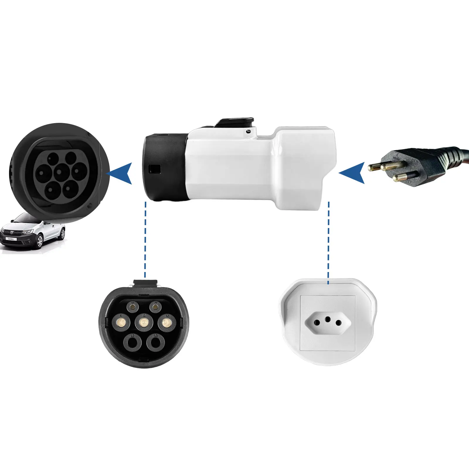 مفرغ EVqiaoyi Type2 V2L مع زر إيقاف التشغيل 16A MG BYD قابس السيارة إلى التحميل لمركبات الطاقة البرازيلية الجديدة