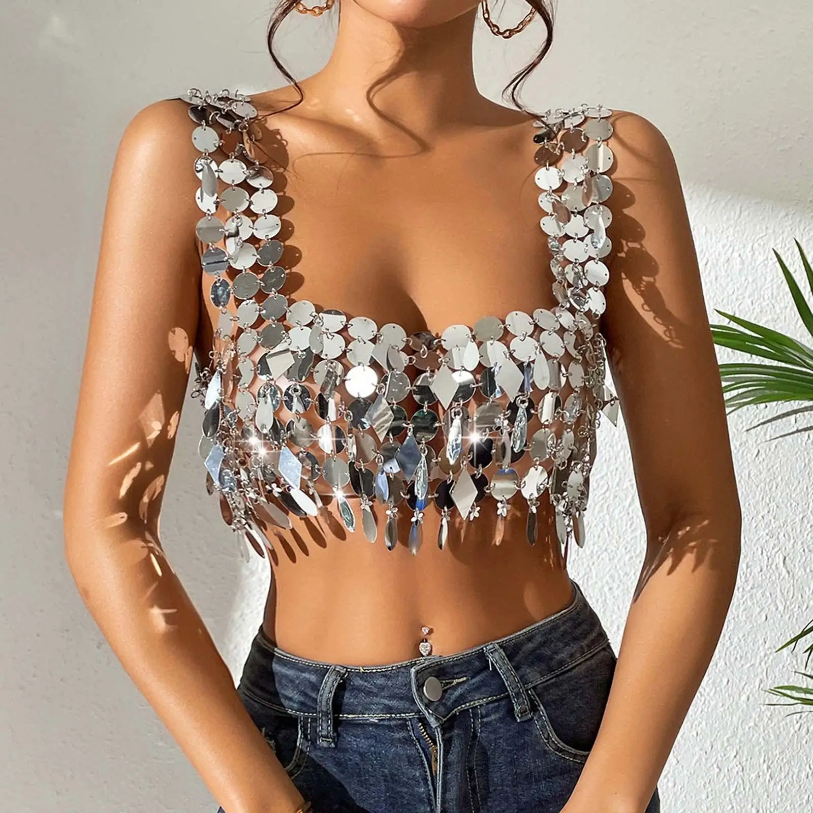 Sequins Crop Tank Top Shiny Spaghetti Strappy Dance Wear Glitter Bra Tops for Party Nightclub Beach Belly Dancing Halloween