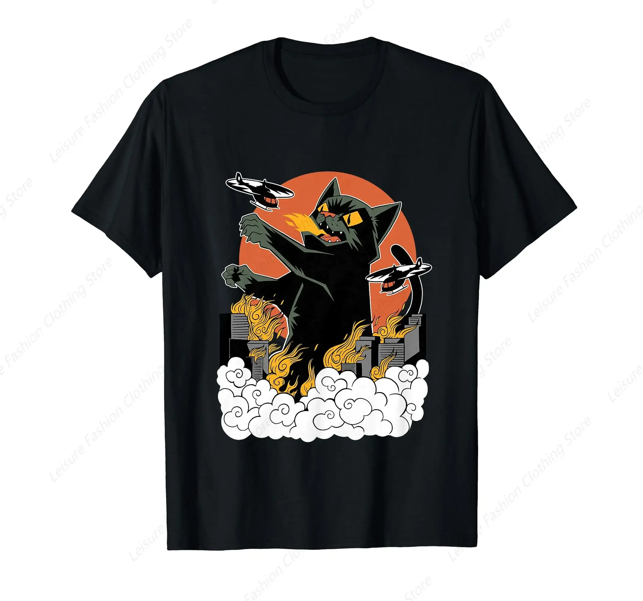 Vintage Sunset Attack Giant Catzilla Cat Black Japanese Sunset T-Shirt Classic Fit Crew Neck Tee