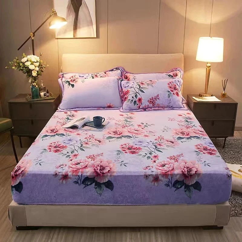 JUSTCHIC 1pcs Bed 200/200x220cm Fitted Sheet Warm Soft Crystal Velvet Flower Print Bedsheet Matress Cover (Without Pillowcase)