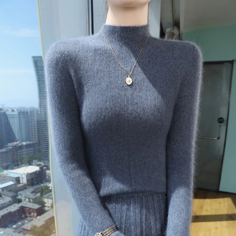 

Women Semi-High Collar 100% Pure Mink Cashmere Sweater Autumn and Winter New Slim Knit Pullovers Joker Elastic Blouse Warm Shirt