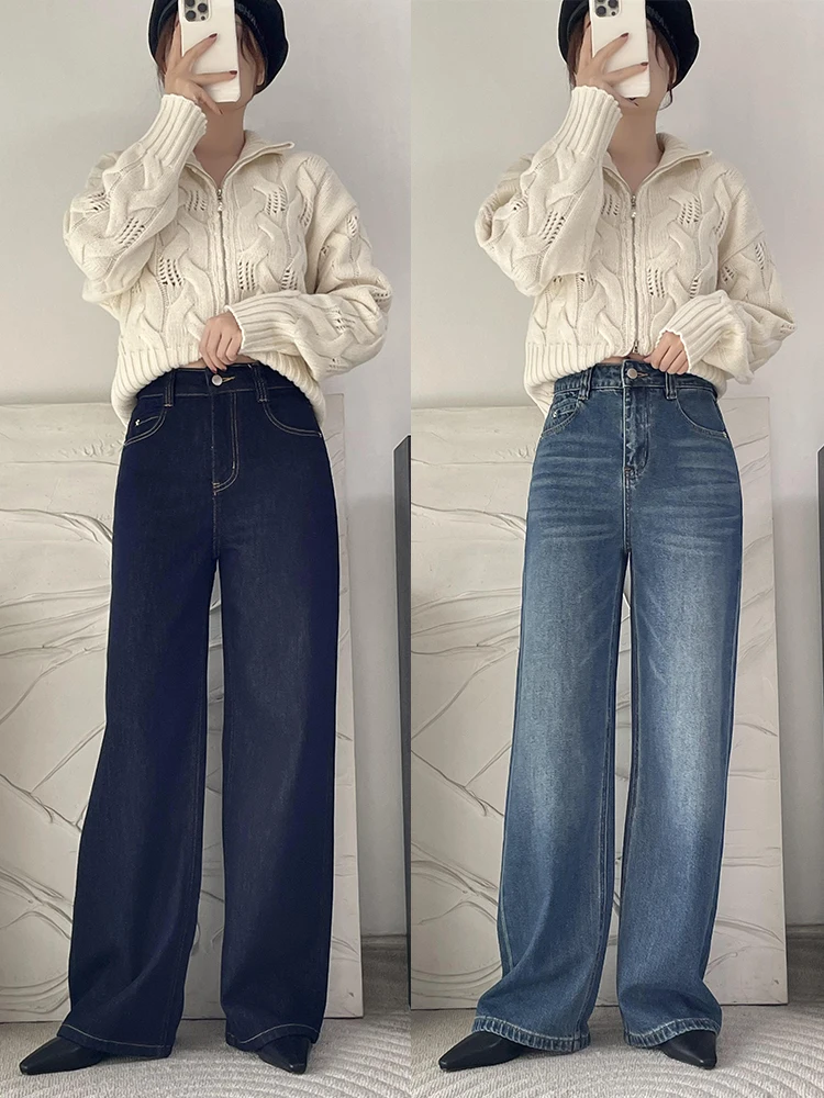 

Джинсы прямого кроя для похудения, с высокой талией, классические синие, удобные, дышащие, женские джинсовые брюки премиум-класса, осенне-зимняя одежда