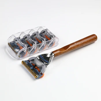 木製 5 枚刃カミソリハンドル 男性用 & 女性用 リフィル 4 個付き - 完璧なシェービングコンパニオン