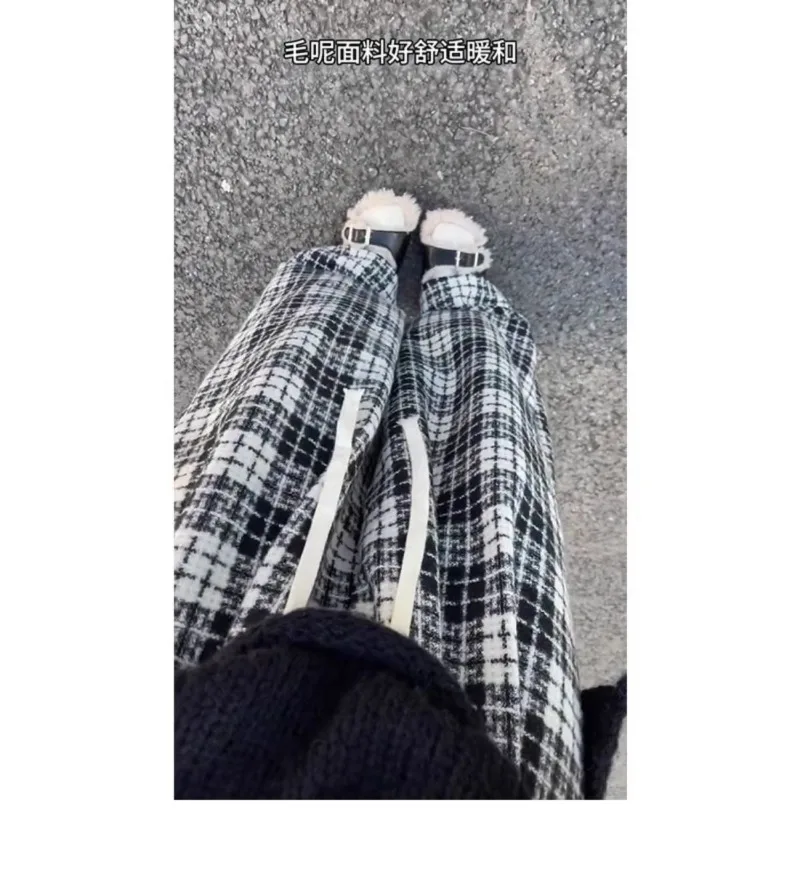 2024 Autumn and Winter Plaid Woolen Thickened Straight Leg Pants Women's Loose Casual All-match Pants Slimming Trousers