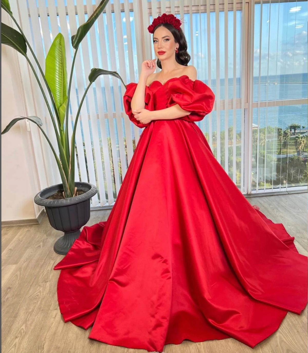 2025 vestido de noite vermelho feminino puff mangas curtas fora do ombro cetim a linha turquia elegante vestidos de festa de aniversário vestido formal