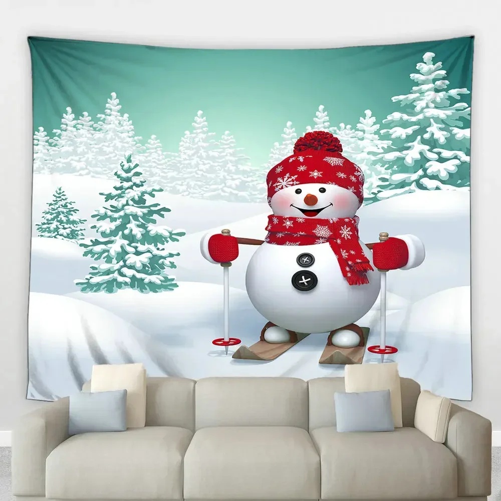 Merry Christmas New Year Decor Tapestry Cartoon Snowman Ski Winter Nature Scenery Wall Hanging Cloth Child Bedroom Home Decor