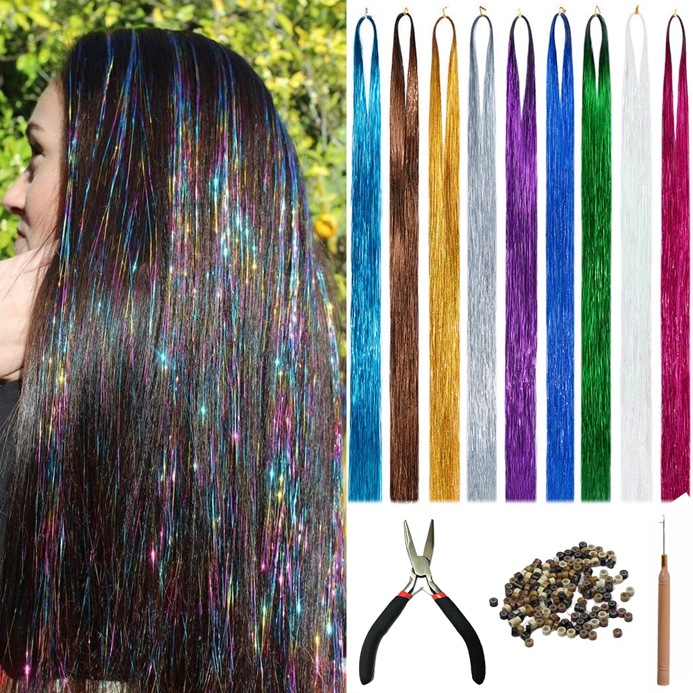 AZQUEEN Long Sparkle Shiny Hair Tinsel Rainbow Silk Hair Extensions Dazzles Women Hippie For Braiding Headdress 120Strands/bag