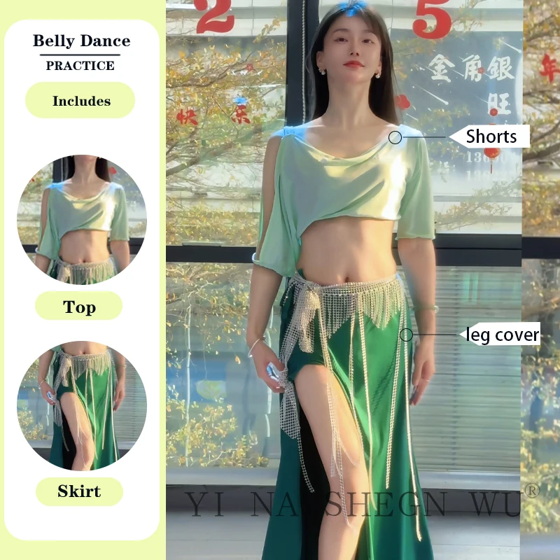 

Индивидуальные костюмы для танца живота, комплект одежды для выступлений, класс сексуального темперамента, зеленого тренировочного наряда, топ, длинная юбка, цепочка на талию