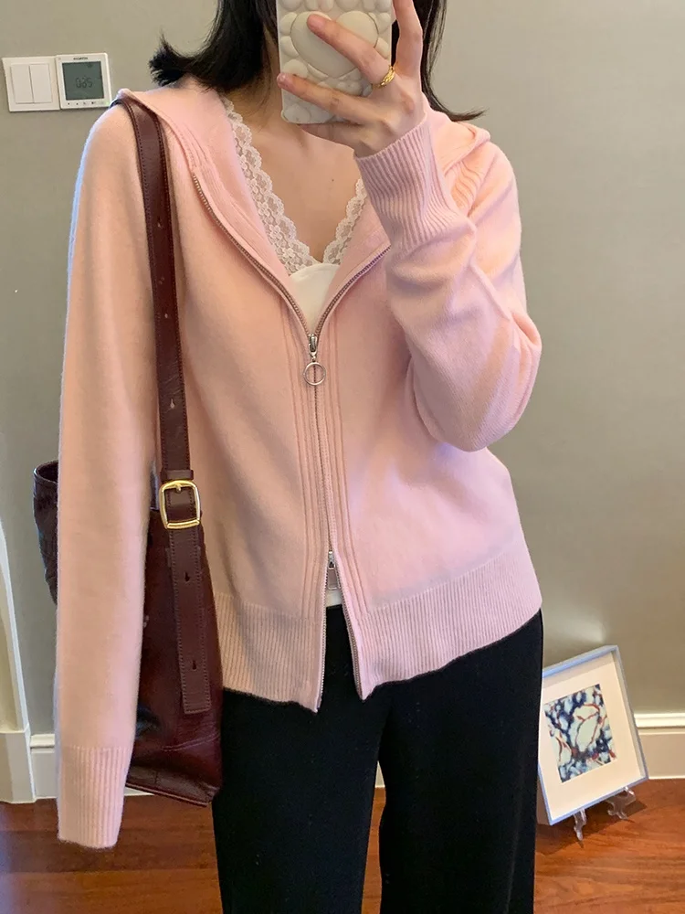 

Мягкий шерстяной кардиган на молнии с капюшоном, полностью шерстяной, в корейском стиле, женский, с длинными рукавами, удобный, осенне-зимний, вязаный