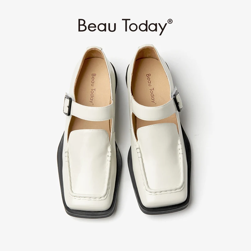 BeauToday Women Mary Janes Genuine Cow Leather Platform Outsole Slip On Square Toe Casual Female Flat Shoes Handmade 28286