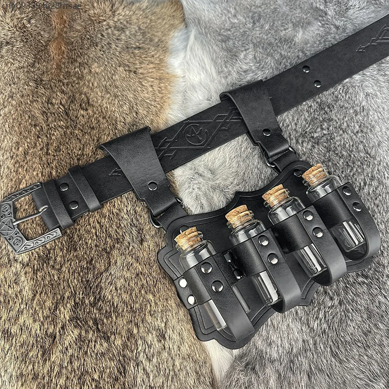 Medieval Witch Alchemy Potion Bottles Holster Renaissance Magic Cork Bottle Embossed Waist Belt PU Leather Belt Cosplay Props