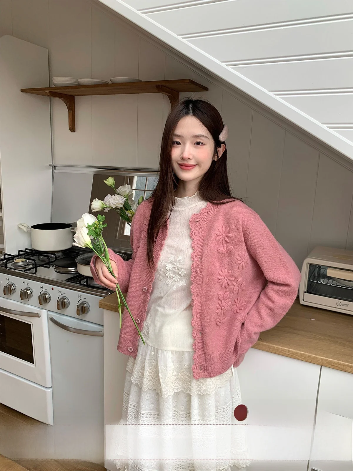 

Sweet Sle Knitted Sweater Cardigan Plum Pink Heavy Work Handmade Flower Spring Girl Sweater Jaet Soft Wool Blend Casual