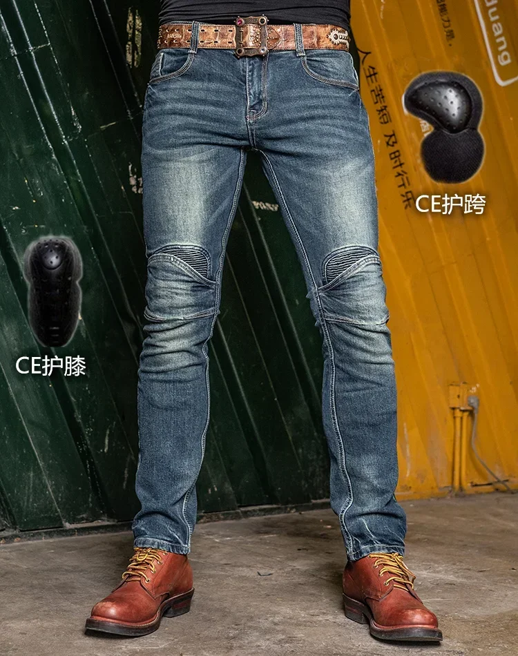 Jeans de moto bleus pour hommes, pantalons de motocross décontractés, poignées amovibles, équipement de protection, équitation en plein air, scooter, vélo de course, printemps, automne