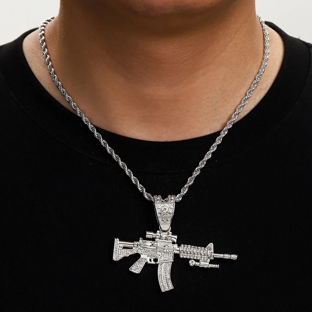 Cross-border hot-selling new diamond-encrusted gun jewelry alloy simulation AK weapon model hip-hop men's necklace jewelry