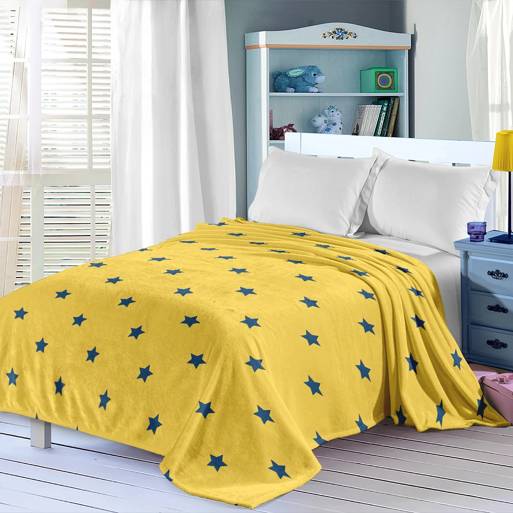 Yellow Blue Stars Grid Flannel Blanket Perfect For Sofa Office Bed Travel Sleep Read Relax Camping Four Season Use