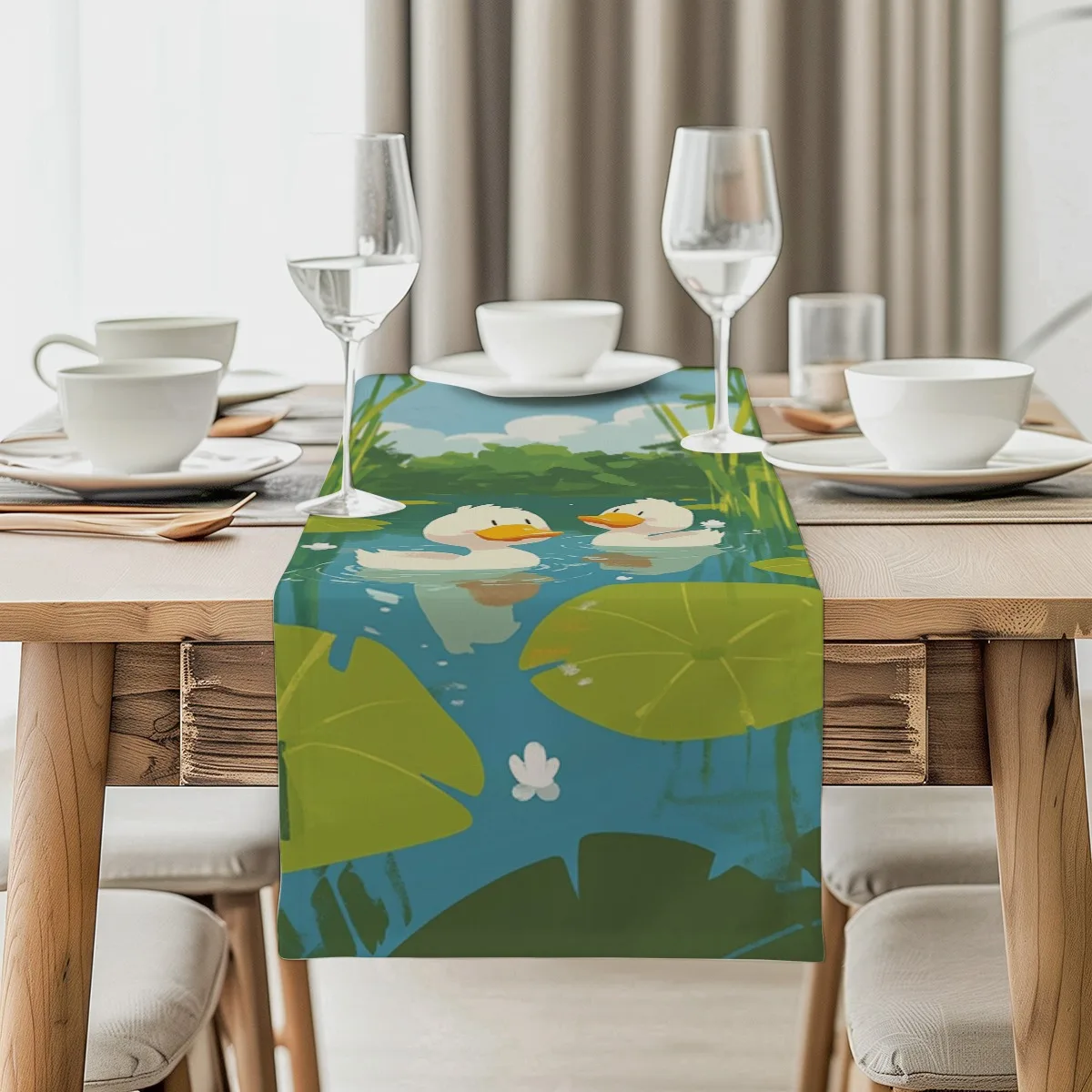 print table runner Lily Pad and Duck Pond Summer Style Long cloth Party Decor,Tabletop Protection,Dresser Scarf,Decorative Runne