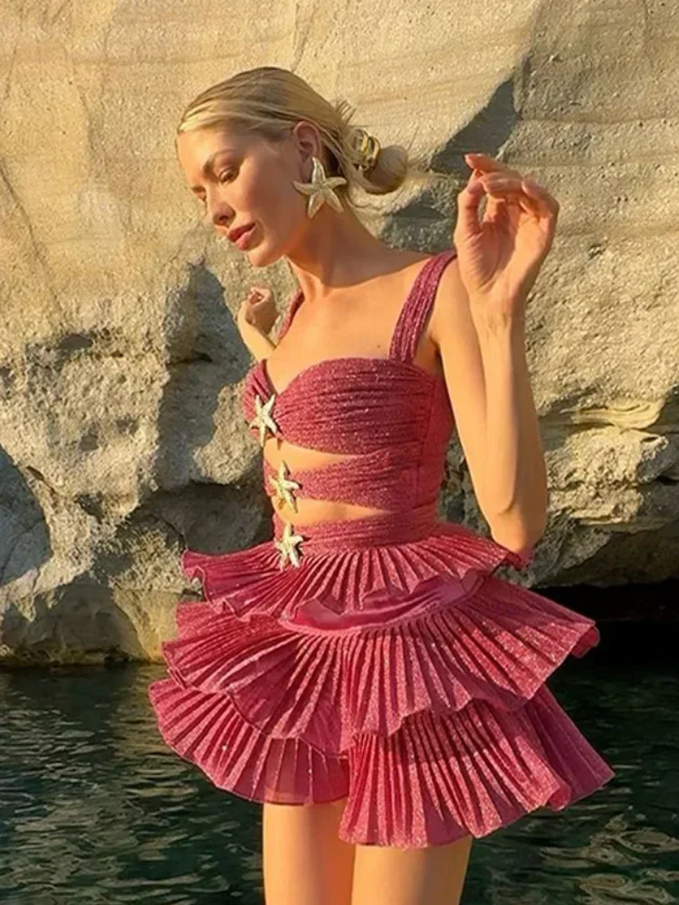 

Hollow Out Starfish Sequin Slim Dresses Women's Sleeveless Backless Ruffle Hem Mini Vestidos Fashion Club Party Holiday Dress