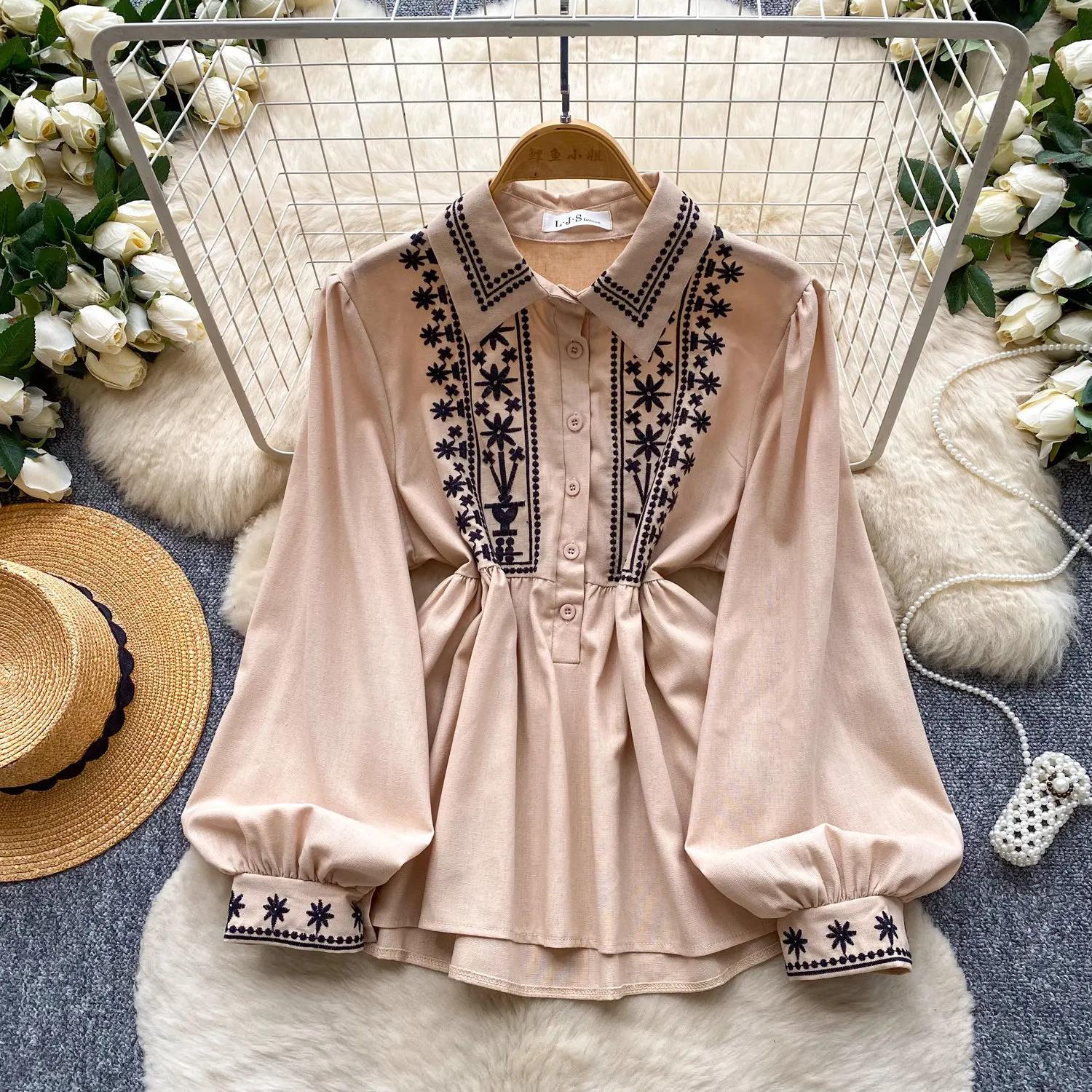 Women's Vintage Blouse Bohemian Embroidered Shirt Long Sleeve Turn-down Collar Loose Fit Spring FallCasual Elegant Top B